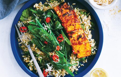 Tandoori salmon with toasted coconut greens