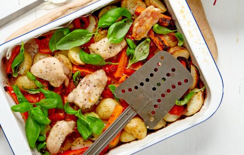 Chicken and new potato bake with summer herbs and yoghurt lemon dressing