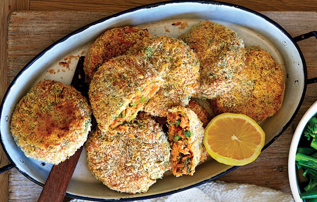 Kumara and pea fishcakes with greens