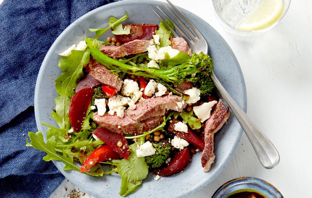 lamb with beetroot, feta, lentil and broccolini salad lamb with beetroot, feta, lentil and broccolini salad