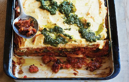 Lentil, pumpkin and pesto ricotta lasagne