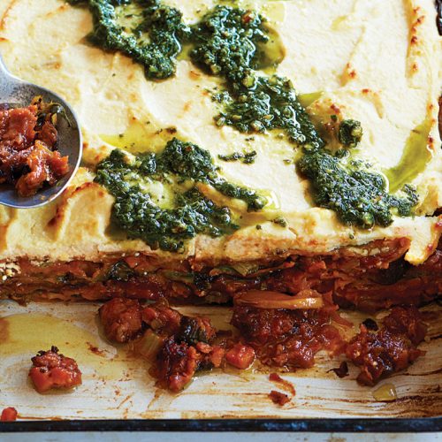 Lentil, pumpkin and pesto ricotta lasagne