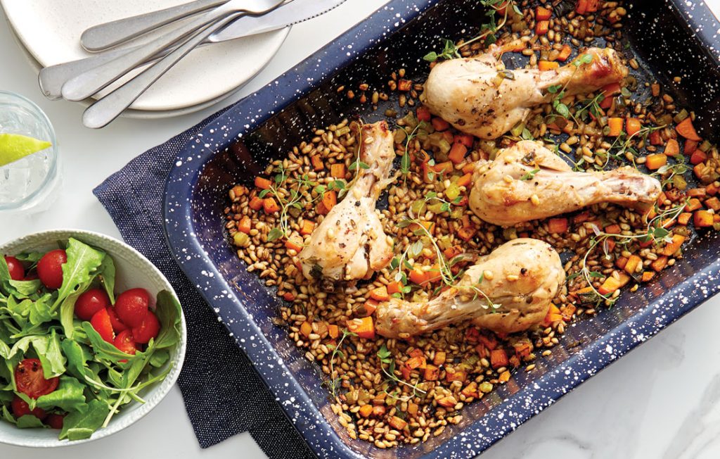 Roast chicken drumsticks with quick-cook barley baked pilaf Roast chicken drumsticks with quick-cook barley baked pilaf
