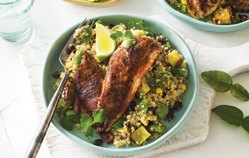 Spice rubbed fish with quinoa and sweet potato salad Spice rubbed fish with quinoa and sweet potato salad