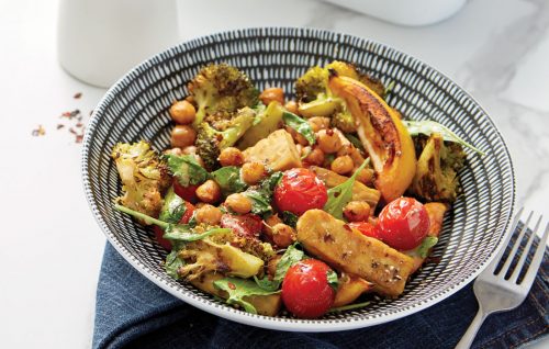 Spicy roasted chickpeas with tempeh and tahini dressing