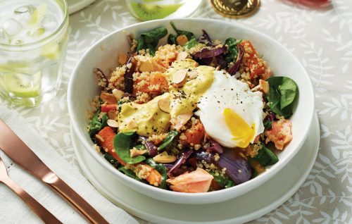 Warm salmon and quinoa salad with kiwifruit flavoured water