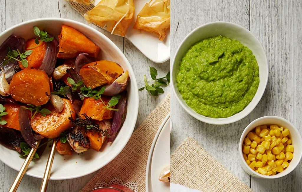 Christmas vegetable medley sweet potatoes and pea puree