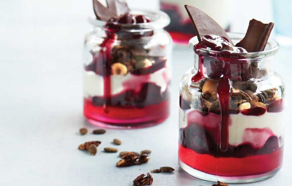 Dark chocolate cherry crunch trifle Cherry chocolate trifle in a jar