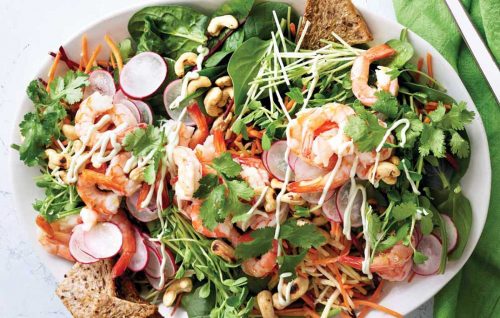 Rainbow prawn salad with wasabi dressing