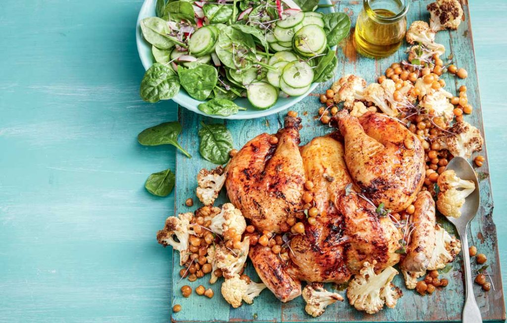 Roast chcken with chickpeas and cauliflower