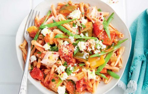 Pasta with hot smoked salmon, ratatouille and ricotta