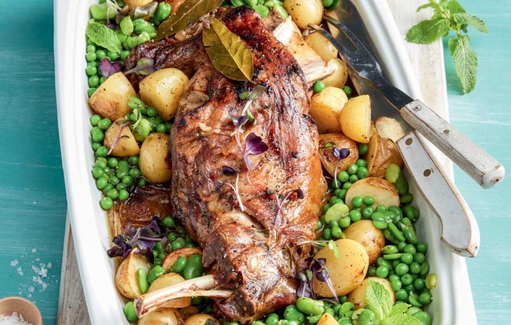 Slow-cooked-lamb-shoulder-with-peas,-mint,-potatoes-and-broad-beans