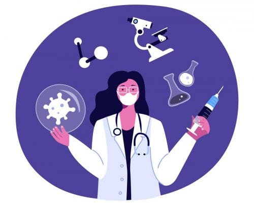 Cartoon scientist surrounded by microscope, beakers, coronavirus, holding syringe