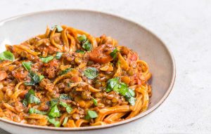 Vegan green lentil bolognese
