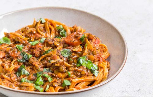 Vegan green lentil bolognese