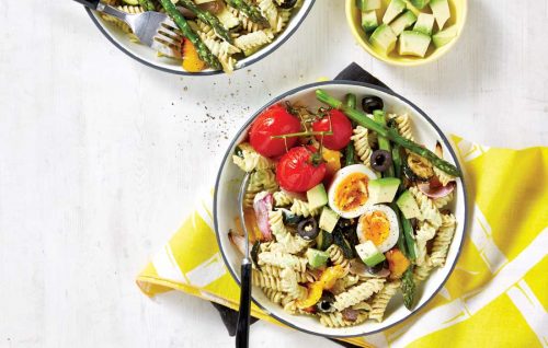 Creamy avocado and roasted vegetable pasta salad