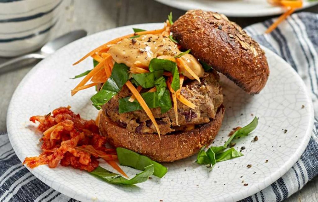 Vegan satay burgers with slaw
