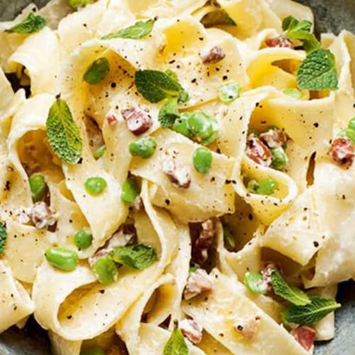 Creamy pappardelle with broad beans and pancetta