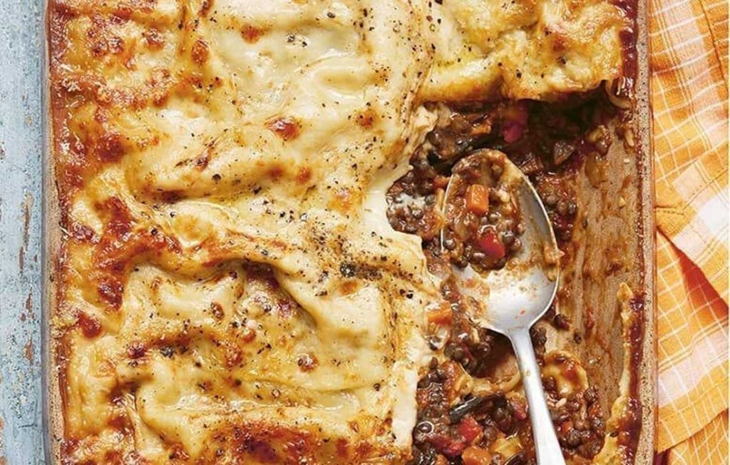Vegan lasagne with eggplant and puy lentils
