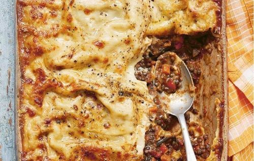 Vegan lasagne with eggplant and puy lentils