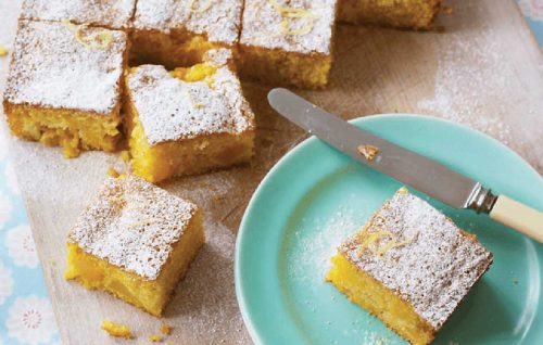 Gluten-free polenta and peach tray cake