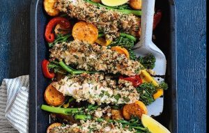 Herb-crusted salmon, broccolini and sweet potato bake