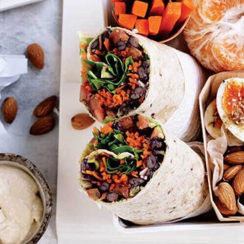 Smashed black bean, avocado and rocket wraps