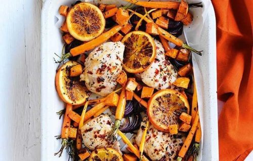 Chicken, orange and roasted sweet potato tray bake