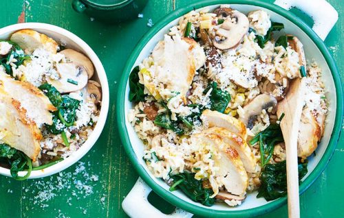Quick chicken, leek and mushroom risotto