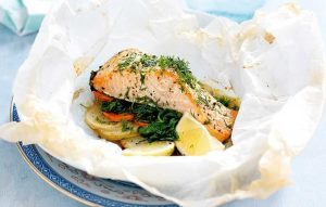 Herby salmon and vegetable parcels