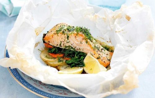 Herby salmon and vegetable parcels