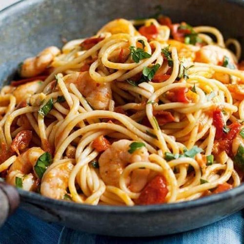 Spicy tomato and prawn spaghetti