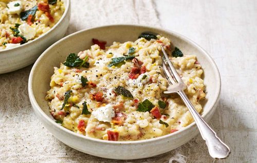Smoky bacon, feta and leek risotto