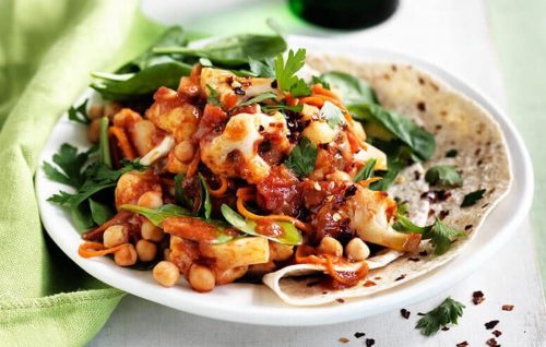 Spicy cauliflower and chickpea tortillas
