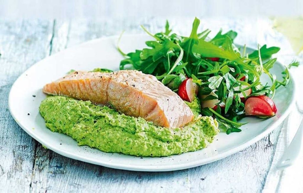 Baked salmon with pea and mint butterbean mash Baked salmon with pea and mint butterbean mash