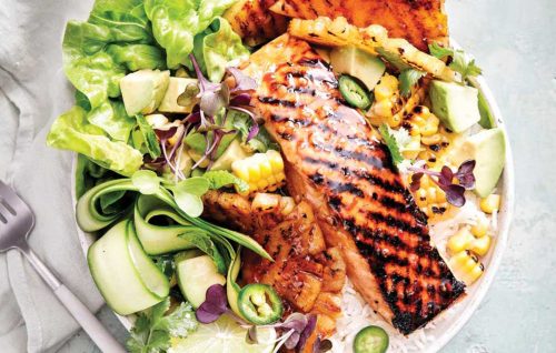 Salmon, pineapple and BBQ corn salad bowl