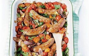 Baked sausages and balsamic tomatoes