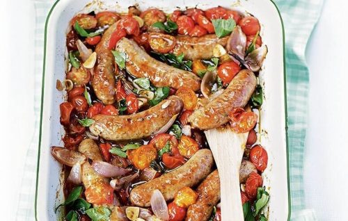 Baked sausages and balsamic tomatoes