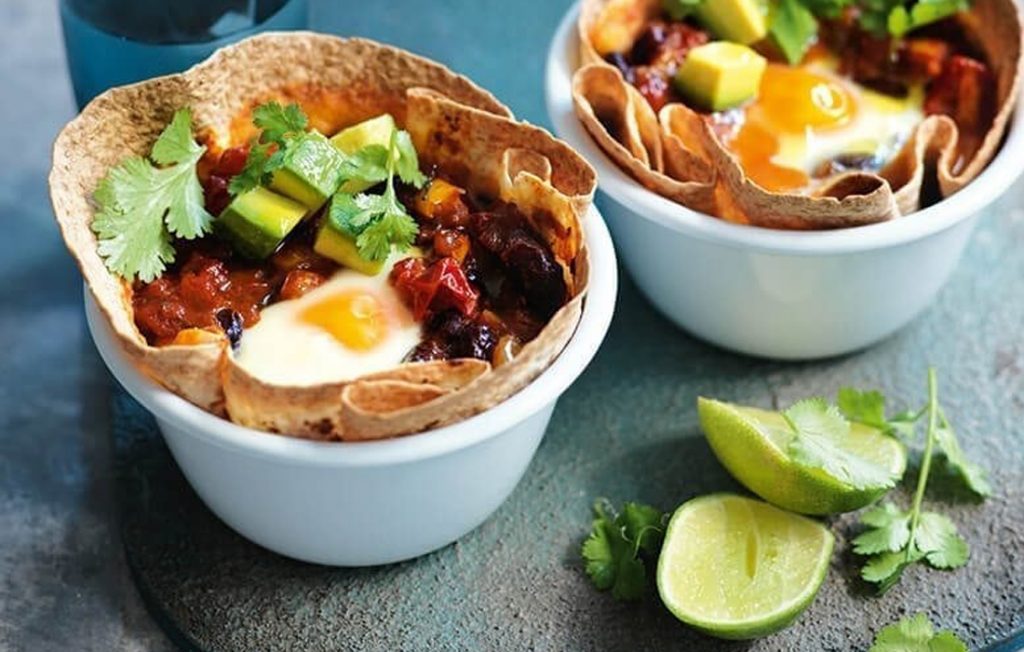 Mexican baked eggs in tortilla baskets Mexican baked eggs in tortilla baskets