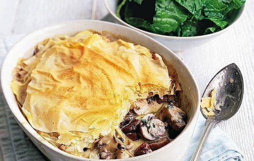 Creamy mushroom and chestnut filo pie
