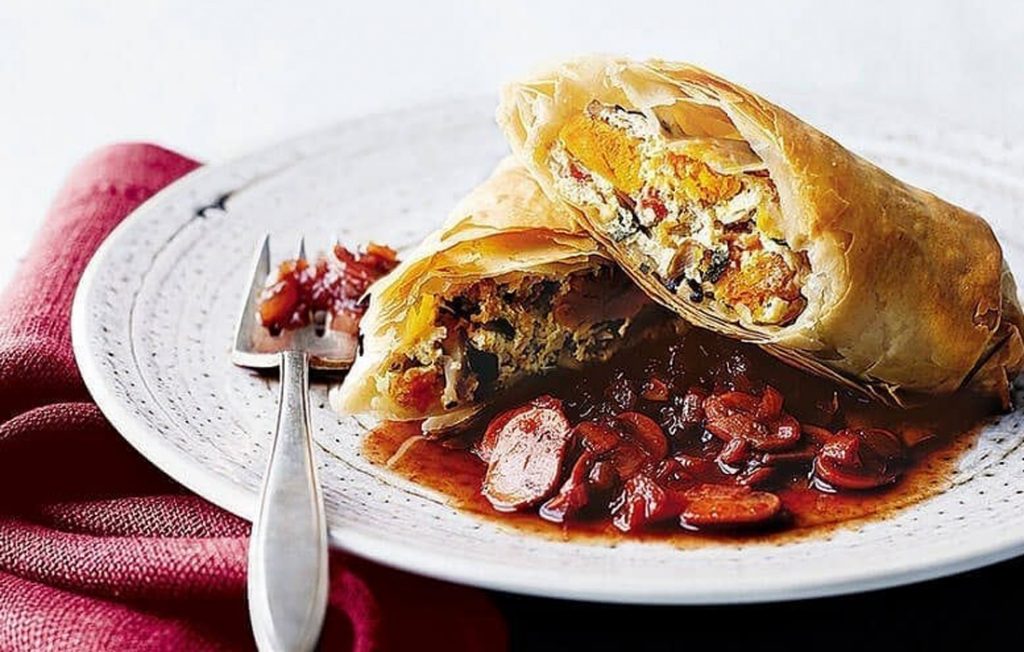 Pumpkin strudels with shitake mushroom and port sauce Pumpkin strudels with shitake mushroom and port sauce