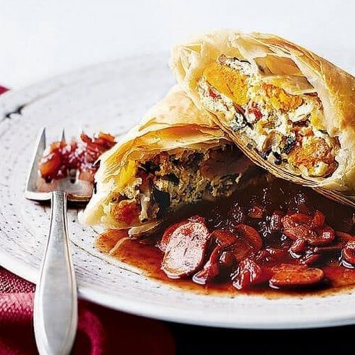 Pumpkin strudels with shitake mushroom and port sauce