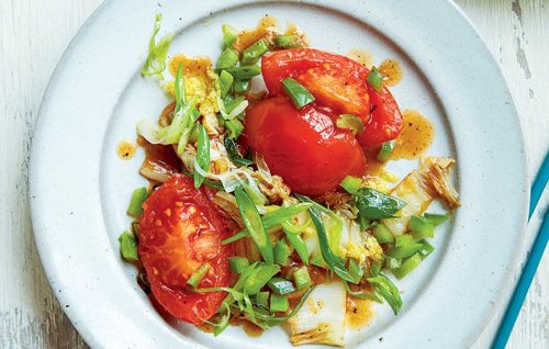Vegan cabbage, tomato and spring onion stir-fry