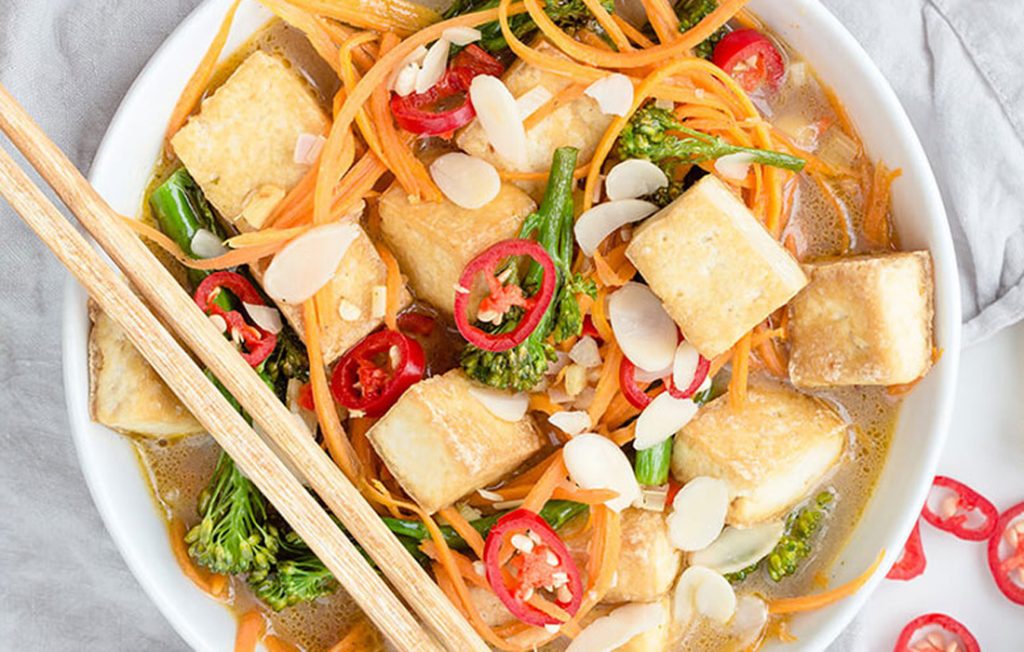 Vegan laksa with tofu, and carrot noodles Vegan laksa with tofu, and carrot noodles