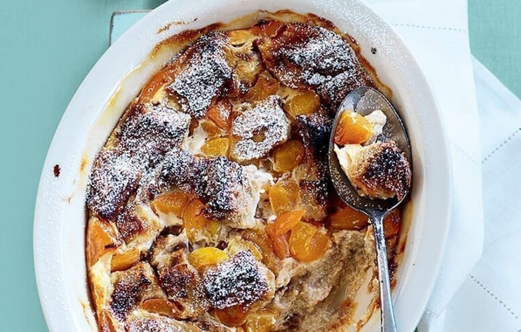 Apricot bread and butter pudding made healthier Apricot bread and butter pudding made healthier