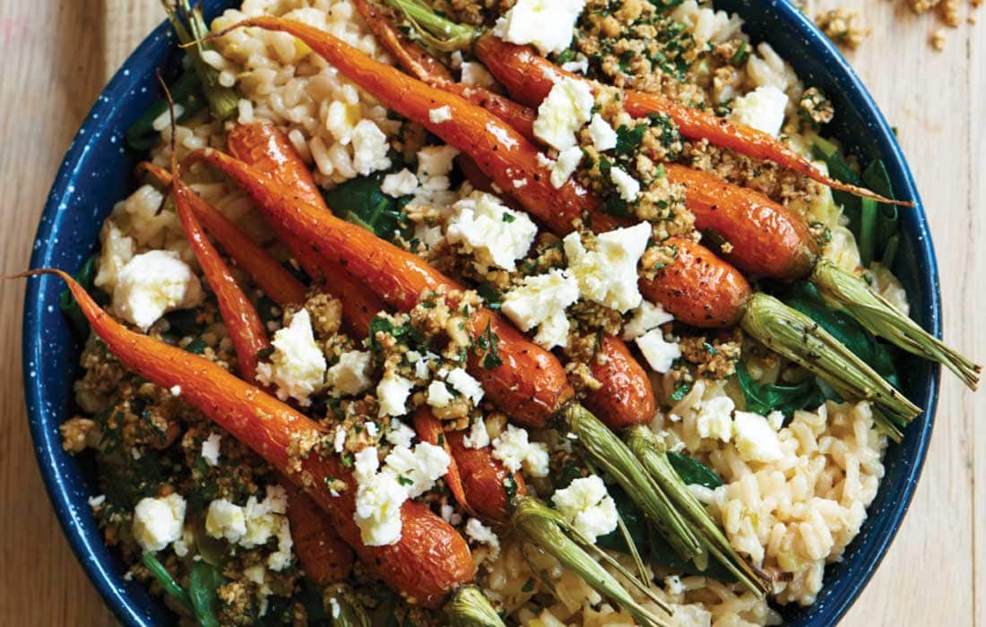 Risotto with baby carrots and pine nut crumble