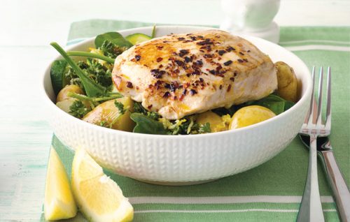 Pan-fried fish with warm potato salad