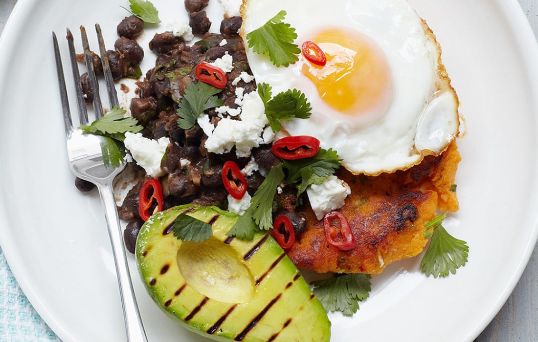 Sweet potato hash and smoky frijoles