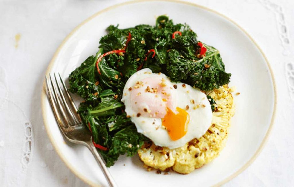 Poached eggs with cauliflower toasts, kale and dukkah Poached eggs with cauliflower toasts, kale and dukkah