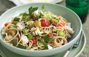 Roasted eggplant, capsicum and feta pasta